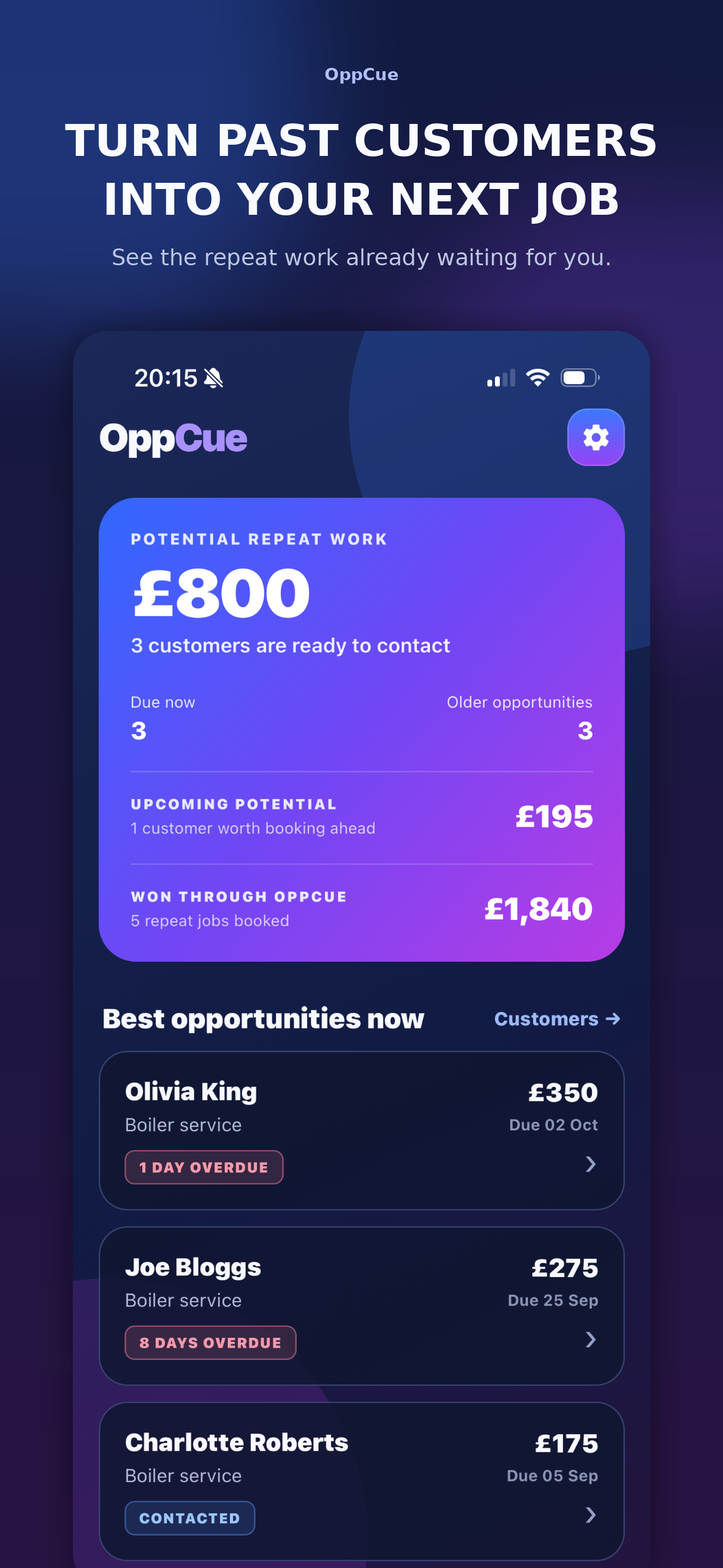 OppCue Today screen showing repeat-work opportunities