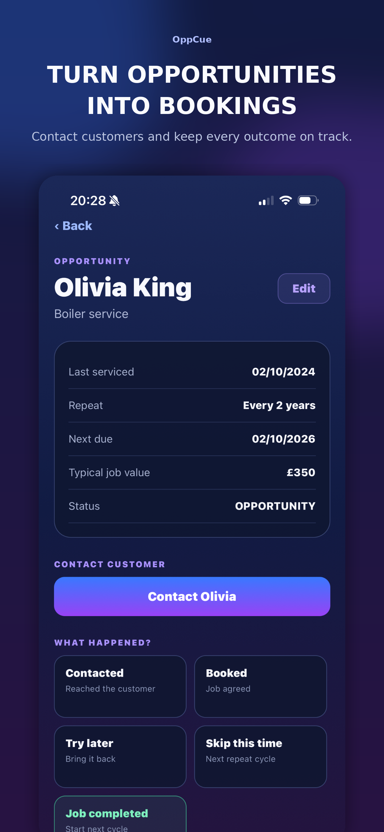 OppCue customer opportunity screen
