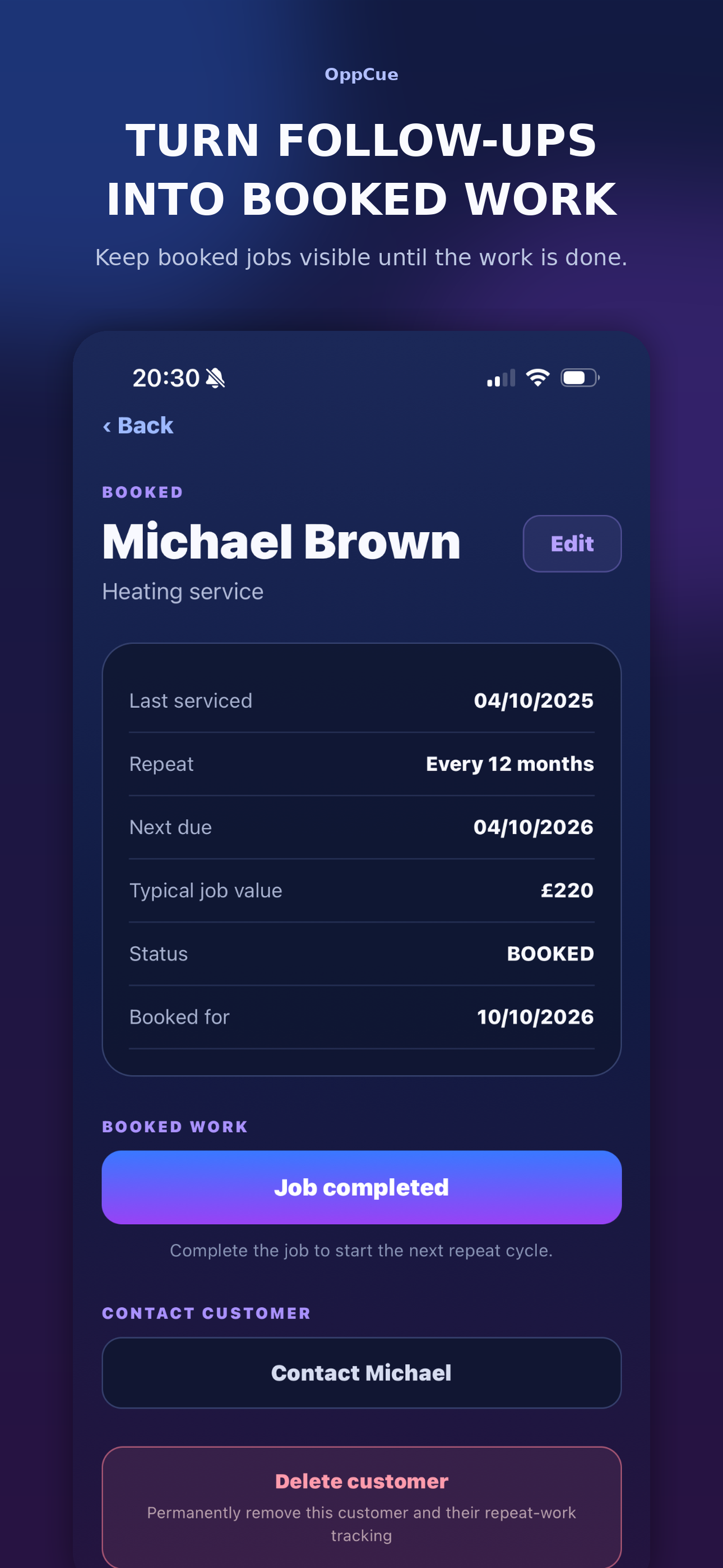 OppCue booked job screen
