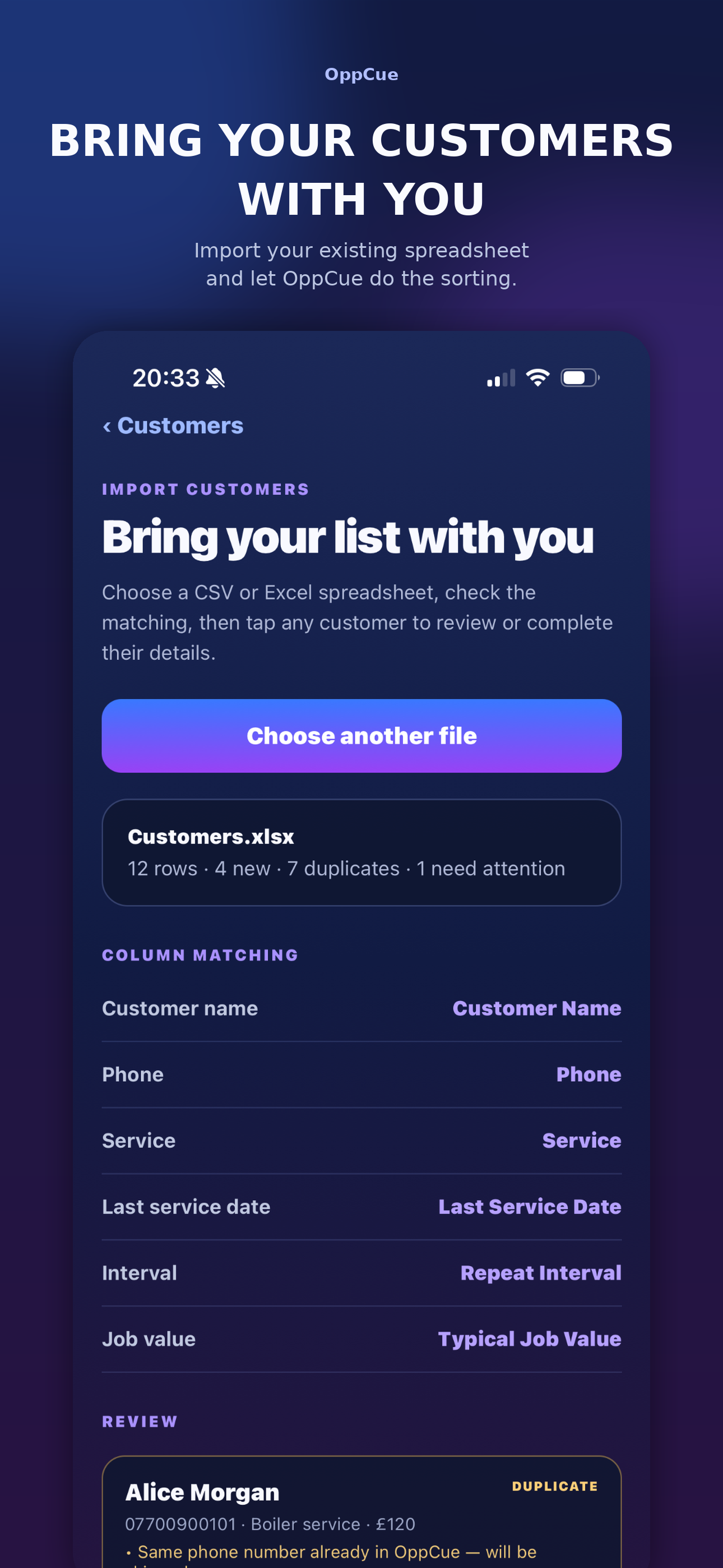 OppCue customer import screen